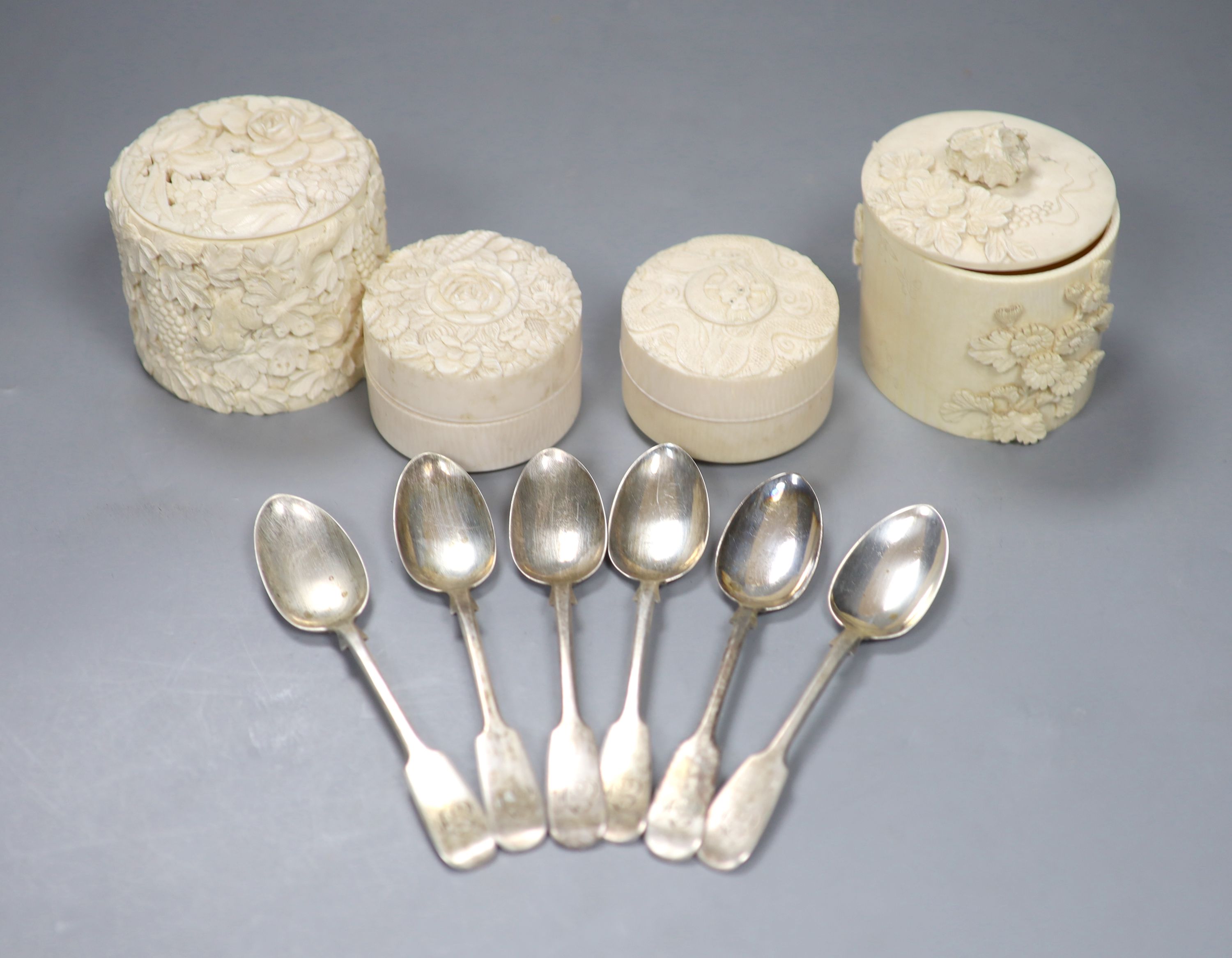 Four various Japanese carved ivory jars and covers, early 20th century and a set of six Victorian silver teaspoons, tallest 9cm